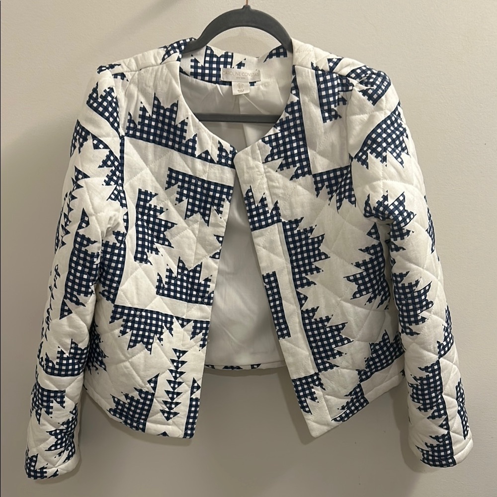 NWOT Caroline Constas White Quilted Jacket with Navy Geometric Print